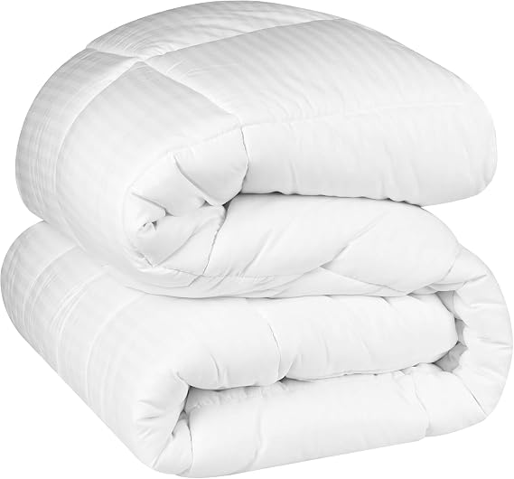 Superior Brushed Microfiber 1 cm Striped Comforter, Down Alternative Bedding, Reversible, Medium Weight, Fluffy, Decorative, Plush Duvet Insert, Oversized Blanket, Box Quilt Design, King, White