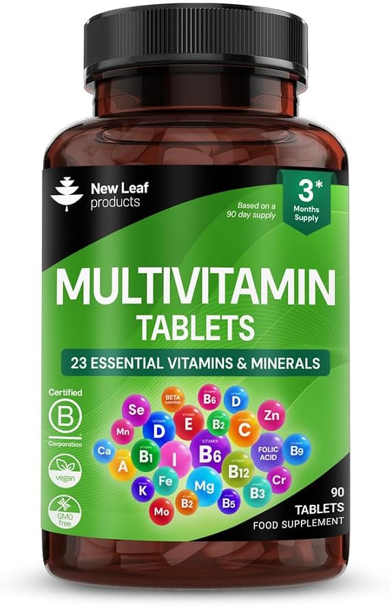 Multivitamin & Minerals 23 Essential Active Vegan High Strength Multivitamin Tablets for Women & Men with Iron A-Z Complete Daily Vegan Vitamins Gluten Free GMO Free (3 Month Supply) UK Made New Leaf