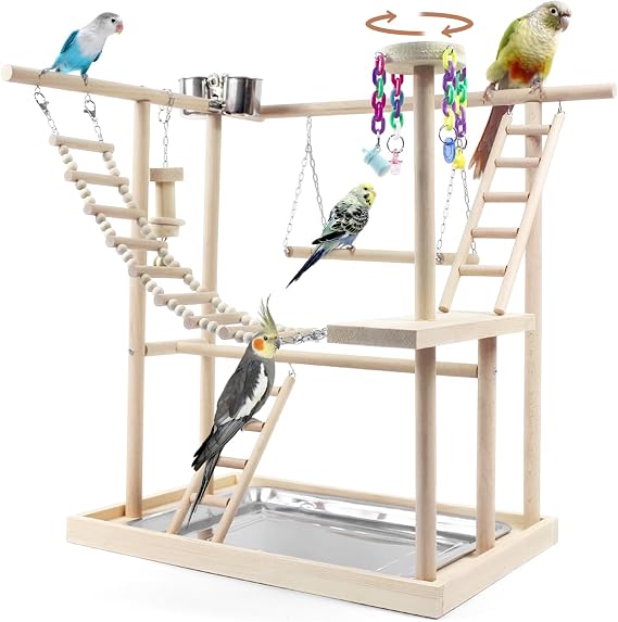 Bird Playground, Parrot Play Stand with 2 Layers of Stand Toys, Playpen for Parakeet Cockatiel Lovebirds, Exercise Playgym with Feeding Cups Stainless Steel