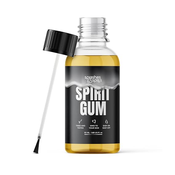 Professional Grade Spirit Gum Adhesive for Face - SFX Face Makeup Glue for Halloween, Cosplay, and More - Cruelty-Free Vegan-Friendly Face Glue for Costume - Splashes & Spills (50ml)