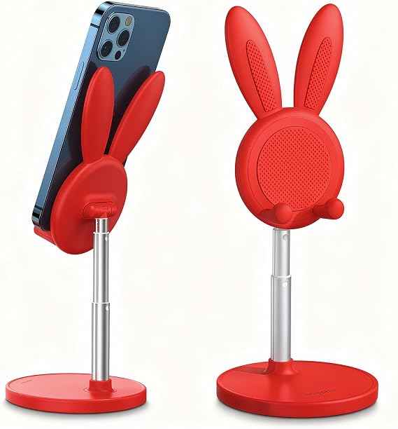 OATSBASF Cute Phone Stand, Adjustable Bunny Phone Stand for Desk, Thick Case Friendly Holder for iPhone Kindle iPad Switch and All Cell Phones Red