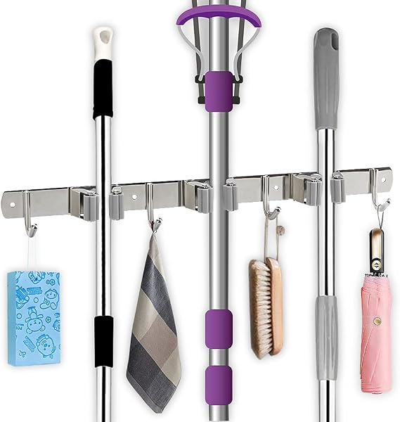 Broom Mop Holder, Mop Broom Brush Organizer Wall Mounted Heavy Duty Stainless Steel Tool Hanger with 3 Racks 4 Hooks Ideal for Home, Kitchen, Garden, Garage, Laundry