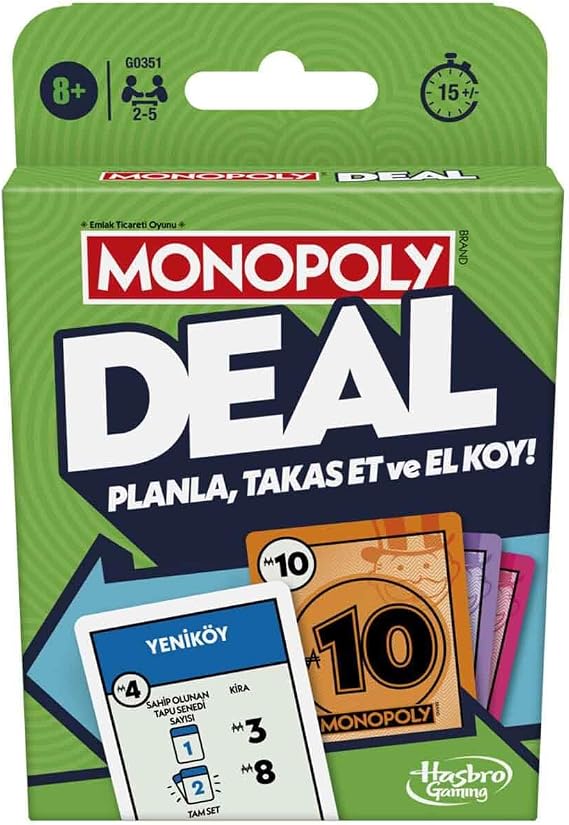 Monopoly Deal Kart Oyunu | Hızlı Oynanan Kart Oyunu | Aileler ve Çocuklar İçin Eğlenceli Oyun | 8 Yaş ve Üzeri | 2-5 Oyuncu | 15 Dakika | Seyahat Oyunu | Türkçe Versiyon