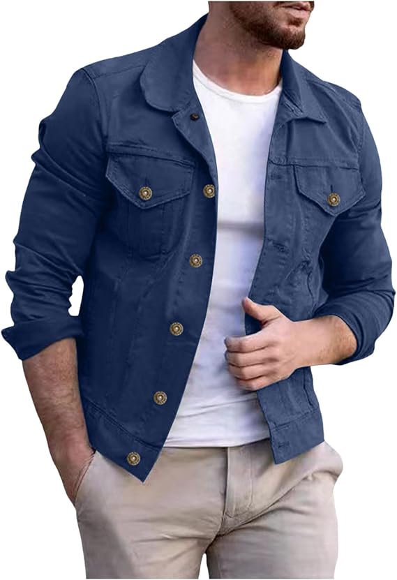 Men's Denim Jacket Basic Coat Jeans Transition Jacket Stand-Up Collar Casual Outwear Baggy Denim Jacket