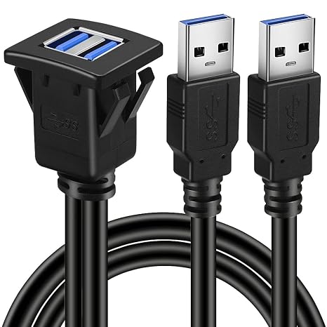 Dual Ports Square USB 3.0 Panel Flush Mount Extension Cable with Buckle for Car Truck Boat Motorcycle Dashboard 1ft | Car Mount Cable with Buckle for Car Truck Boat Motorcycle Dashboard