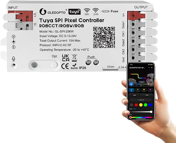 GLEDOPTO Tuya SPI Pixel Controller RGBCCT RGBW RGB WiFi LED Controller Dynamic Light Music Sync Work with Smart Life Google Assistant Alexa Yandex (206W-WiFi SPI) [Energy Class G]