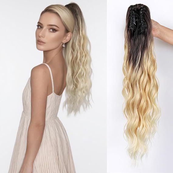 Long 25inch Thick Ponytail Hair Extension Invisible Claw Clip in Ombre Loose Curl Pony Tail Hairpiece 1# Black Ombre Blonde