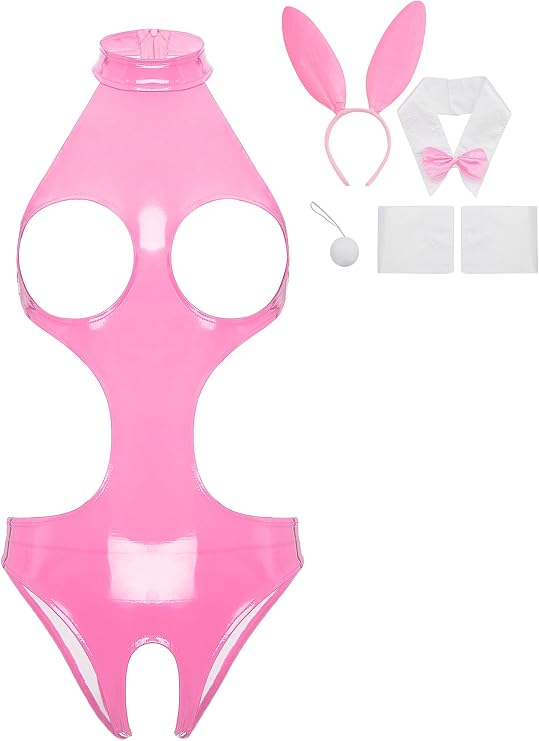 Women's Sexy Bunny Girl Cosplay Costume Wetlook Cutout Bodysuit Naughty Rabbit Lingerie Set