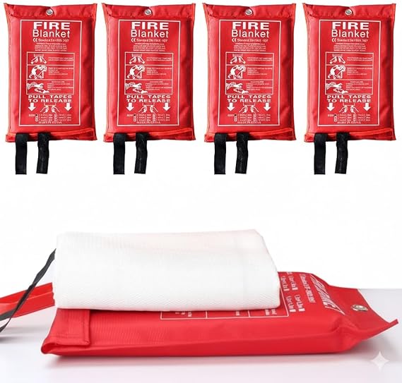4 Pcs Fire Blankets with Soft Case & Loops, 1m x 1m Emergency Fire Blanket for Kitchen Home, Warehouse, Office, Car, Fireplace, Easy to Use, Quick Unfolding