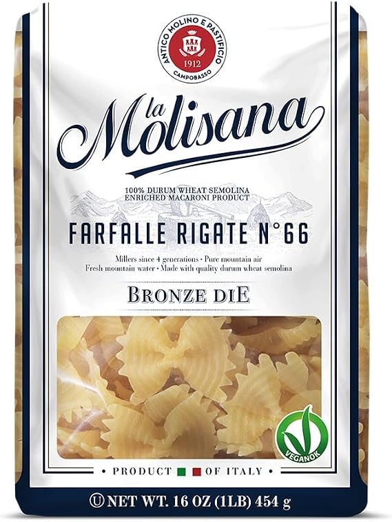 La Molisana Farfalle N66 Pasta, 16 oz, Premium Italian Durum Wheat Semolina, High Protein 14%, Bronze Die Cut Bow Tie Pasta for Superior Sauce Grip, Firm Al Dente Texture, Ideal for Pasta Salads & Light Sauces, Made in Italy