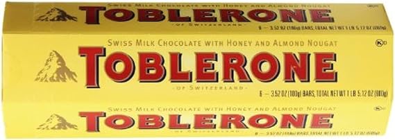 Toblerone Swiss Milk Chocolate with Honey and Almond Nougat 6 Bars inside 3.52 Oz(100g) Total Net 1lb 5.12 Oz(600g)