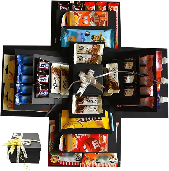 XEERUN DIY Explosion Gift Box,5 Layer Snack Explosion Box, Creative Explosion Box with tape and ribbon, Handmade Surprise Boxes for Birthdays, Christmas, Valentine's Day, Anniversaries (Black)