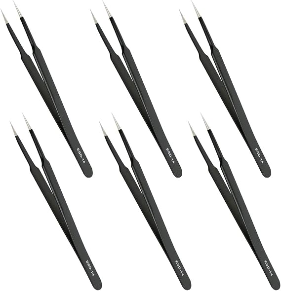 Aoje-Link ESD-14 Professional Anti-Static Technology Tweezers, Non-magnetic Tip Straight, Stainless Steel Plastic Coated, Full Length 120mm, Black, 6pcs...