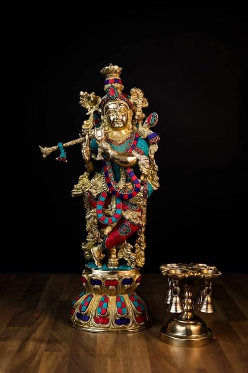 Krishna Statue Brass Stone Work Multi Color 45CM Pack of 1