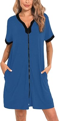 SWOMOG Women Zipper Front House Coat Short Sleeves Robe Zip up Bathrobes Short Nightgown with Pockets S-3XL