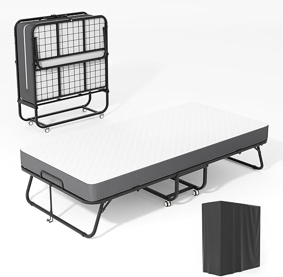 75" x 38" Twin Folding Bed with 5" Memory Foam Mattress Foldable Rollaway Guest Bed with Wheels & Metal Frame, Portable for Apartments, Adults, and Home Use