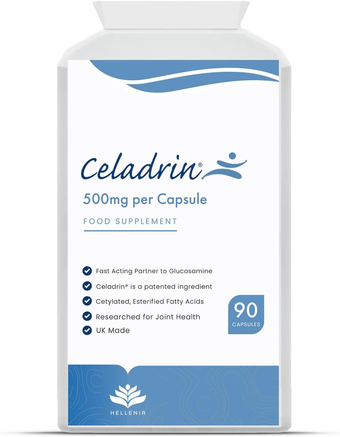 Celadrin® Capsules 500mg | Potent Joint Care Supplement | Branded Ingredient | Clinically researched for Improved Joint Function &amp; Mobility | 90 Capsules - Vegan Friendly | Made in The UK by Hellenia
