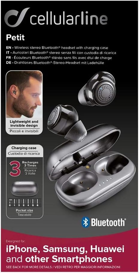 Cellularline Petit True Kablosuz Kulaklık Kulaklık, Taşınabilir Pil Şarj Cihazlı Bluetooth Kablosuz Kulak İçi Kulaklık, TWS, Dahili Mikrofon, Dokunmatik Kontrol, Siyah, BTPETITTWSK