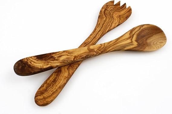 Olive Wood Salad Server Set - 12 Inch Wooden Tongs - Rustic French Style