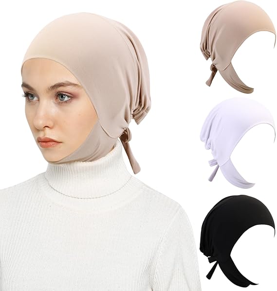 XEPST 3 PCS Hijab Undercap for Women, Islamic Muslim Full Cover Under Hijabcap Milk Silk Fabric Hijab Underscarf Solid Color Adjustable Tie Back Inner Head Scarf Turbans for Women Chemo Sleep Cap