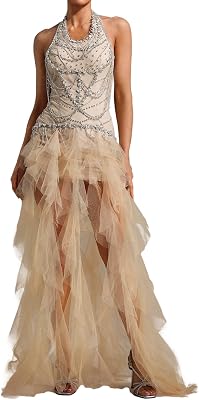 BELLA BARNETT Beige V Neck Sequin Tassel Halter Mesh Dress Rhinestone Maxi Backless Sparkle Prom Dress