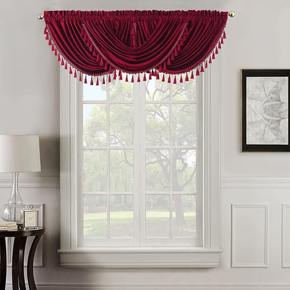 Royal Hotel Velvet Waterfall Valance, 1 Single Waterfall Valance, Top Rod Pocket Heavyweight Velvet, Burgundy, 57 inches Wide by 37 inches Long (Single)