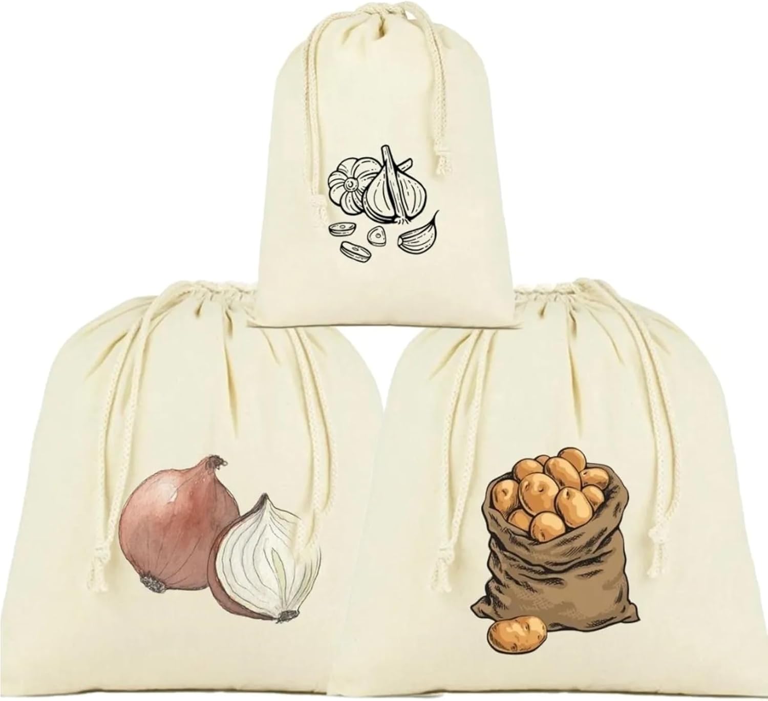 stonehill Potato, Onion and Garlic Storage Bag, Set of 3, Raw Cloth Fabric, Drawstring