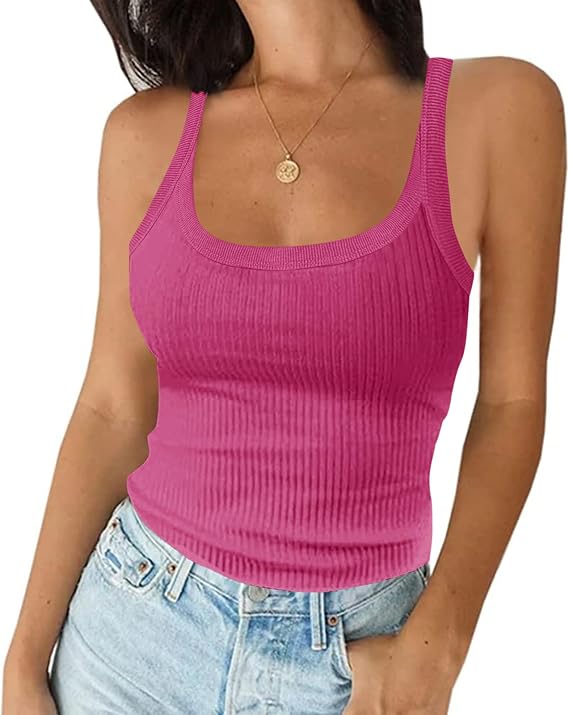 Ivay Womens Scoop Neck Ribbed Knit Tank Top Summer Basic Camisole Shirts