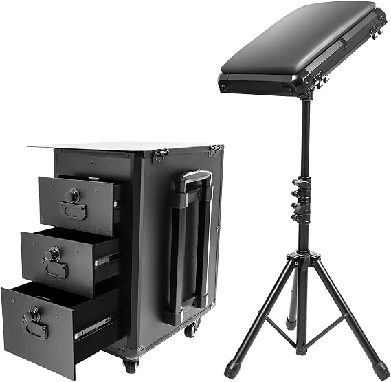 Rolling Makeup Train Case, 3 Drawer Beauty Rolling Case, Professional Makeup Trolley on Wheels, Tattoo Travel Case with Tattoo Armrest & Adjustable Tripod, 42 x 28 x 53 cm (Metal Panel)