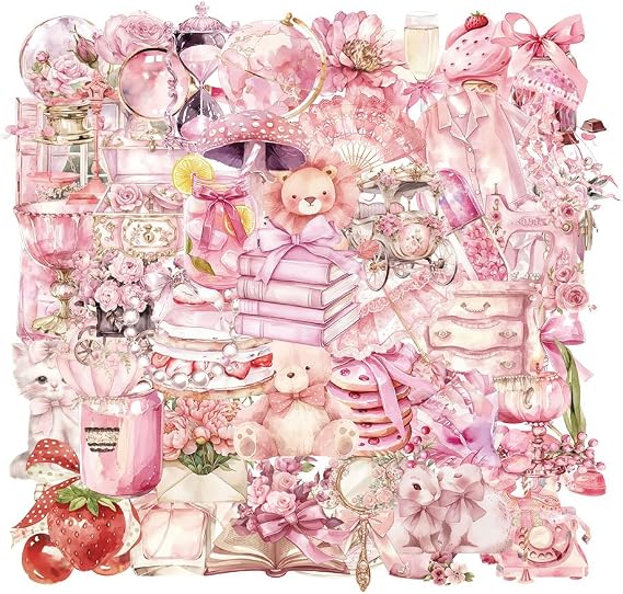 100 Pcs Pink Aesthetic Stickers, Gift for Women, Waterproof PET Vinyl Decals for Scrapbook, Journaling and Water Bottles, Cute Stickers Pack for Laptop Phone Case DIY Crafts（Clear Base）