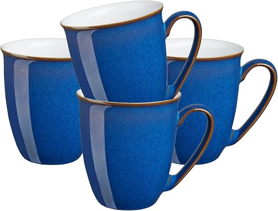 Denby - Imperial Blue Coffee Beakers/Mug Set of 4-11.5oz - Stoneware Tea Cup Mug Set - For Office & Home - Dishwasher Safe - Ceramic Tea Cups With Deep Blue Glaze - Chip Resistant