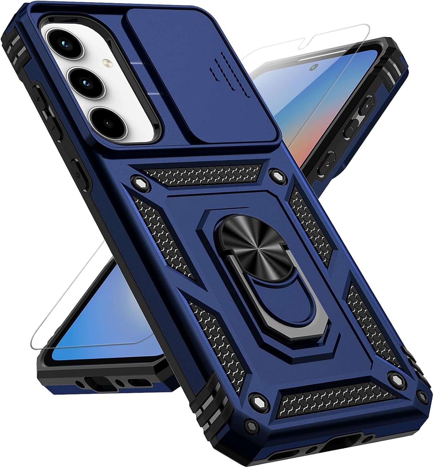 Samsung Galaxy A35 5G ケース スライドカメラカバー付きHDスクリーンプロテクターミリタリーグレード16フィート落下試験済み 磁気リングホルダー キックスタンド 保護ケース Galaxy A35 5G 2024用 ネイビーブルー