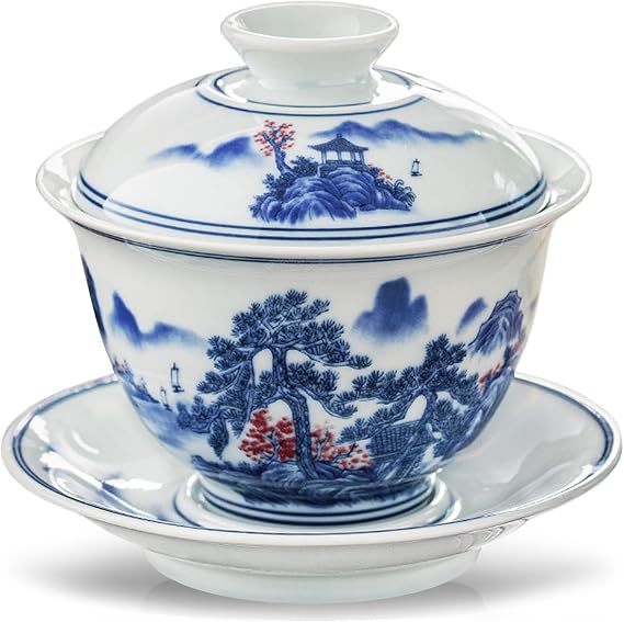 fanquare Gaiwan Chinese Cover Bowl 5.4oz Retro Antique Style Blue Porcelain Tea Service, Gongfu Tea Cup for Home Decor Gift Filming, Handheld Cup with Saucer and Lid