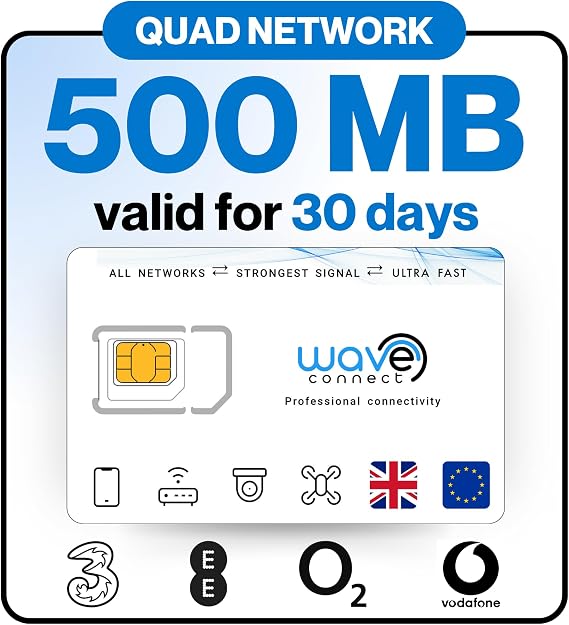 Quad Network 500MB Data-Only SIM, valid 30 days, IoT Devices | Three, EE, O2 & Vodafone, 4G/5G, UK, Ireland & EU, activates on first use