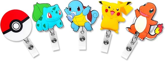5 Pcs Set Poke Monster Cartoon Anime Badge ID Clip Reel Retractable Holder Office Work Nurse Name Badge Tag Clip On Card Holders Cute - 30 inch Cord Extension