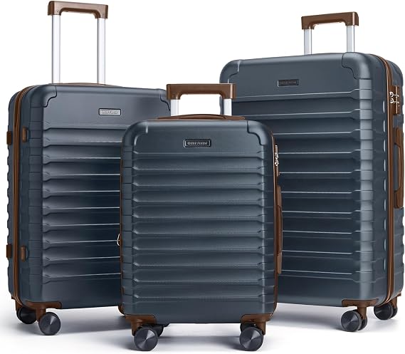 LIGHT FLIGHT Luggage Sets 3 Pcs Suitcase with Wheels,20"/24"/28",Blue/Brown | Durable Suitcase Set with Spinner Wheels,3 Piece Hard Shell Lightweight Luggage with TSA Lock, Large Checked Travel Suitcases