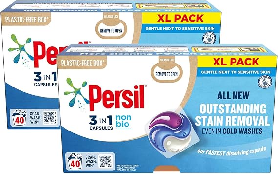 Persil XL 3-In-1 Washing Capsules All New Outstanding Stain Removal Even In Cold Washes With Triple Action Cleaning All In One Power Washing Capsules, 40 Washes (Non-Bio, Buy 2)