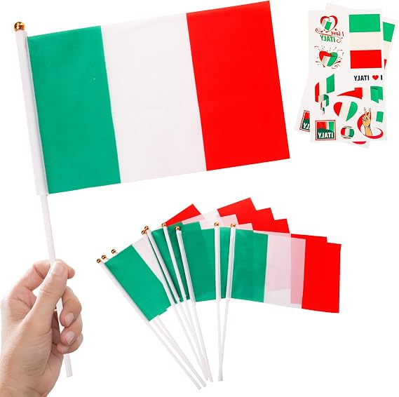 10pcs Small Italian Flags on Sticks & 2pcs Tattoos, Mini Italian Flag Hand Held Italy Flag Party Decorations for World Cup Football 2026 National Day Parade Olympic Sports Events