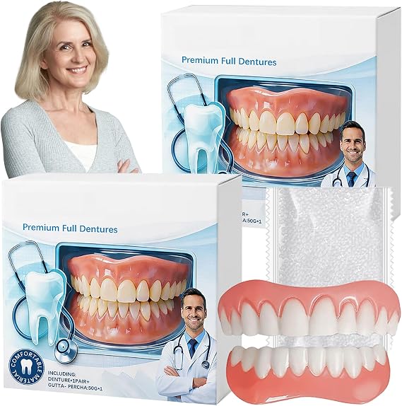 2 Pcs False Teeth Set Full Dentures that Fit Over Existing Teeth,Soft and Comfortable Fit Adjustable Easy to Use 