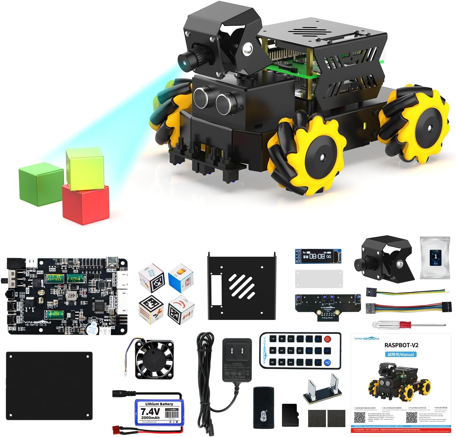 Yahboom AI Vision Robot Raspberry Pi 5 Car 2 McNam Wheel with DOF HD Camera Python Programming Open Source DIY Robot Kit 16 Raspberry-Pi5 Driven for Youth Beginners Without RPi