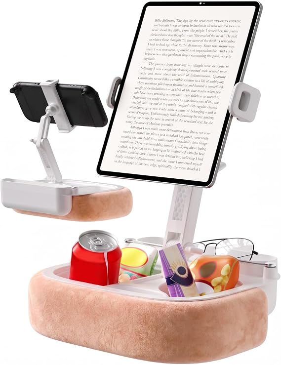 iPad Pillow Stand for Bed Lap - [270° 360° Adjustable][Detachable], Hands-Free Tablet Holder with Snack Trays, Pink, Compatible with 5.4-8.8" iPad, Kindle, Phone, Switch