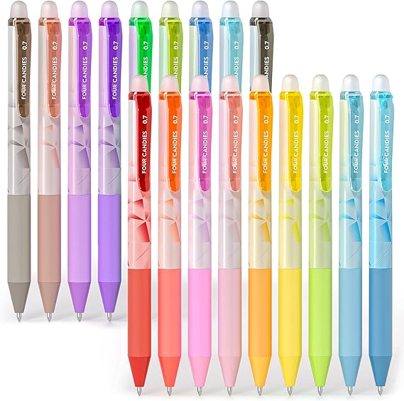 Four Candies 0.7mm Erasable Gel Pens Make Errors Disappear Colored Pens 18 Colors Retractable Erasable Pens with Fine Tip for Writing Drawing Planning and School Supplies