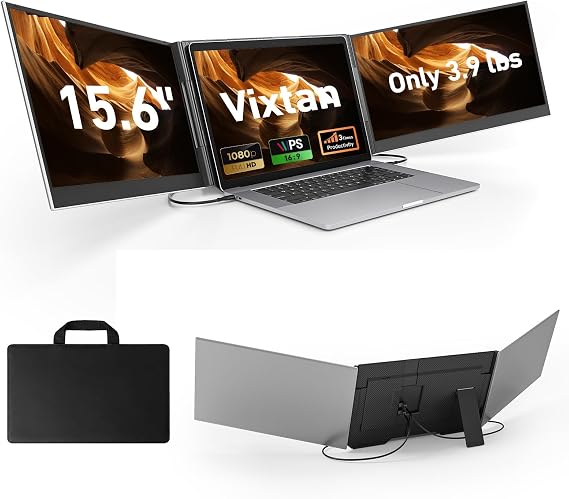 Vixtan 15.6" Triple Laptop Screen Extender, Ultra-Thin FHD IPS Portable Monitor for Laptop, USB-C Plug & Play Multi Screen Attachment for 13-17.3" laptops with Windows/Mac/Chrome