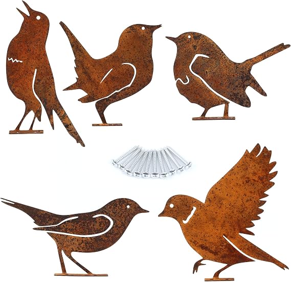 Geila 5PCS Rusty Birds Decoration, Fence Decorations Outdoor, Metal Birds Yard Decor Perfect Yard Art and Large Outdoor Ornaments (D)