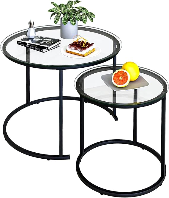 Nesting Coffee Table Set of 2,Modern Black Tempered Glass Side Table, Metal Frame Round End Table.Small Glass Tea Table for Living Room,Bedroom Studio Apartment Essentialsï¼17.7IN 