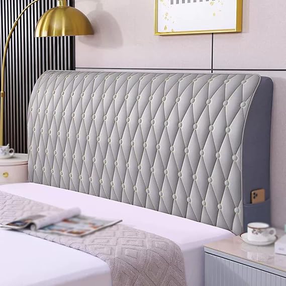 Faux Leather Headboard Cover Full Double Queen King Size,Soft Thick Upholstered Bed Headboard Slipcover,Stretch Quilted Headboard Protector Cover(Light Gray,220cm/86in)