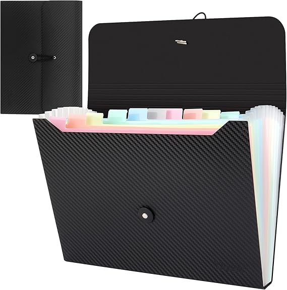 Uquelic 1 x A4 Document Wallet with 13 Compartments Expanding Folder A4 Document Pockets Plastic Document Folder Expandable Organiser Folder (Black Twill) (13 Compartments Macaron Piece 1)