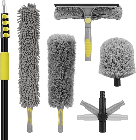 26FT High Ceiling Duster Kits with 5-20 Ft Extension Pole, Fan Blade Cleaner, Cobweb Duster, Window Squeegee Kit, Spider Web Brush for High Window, Interior Roof