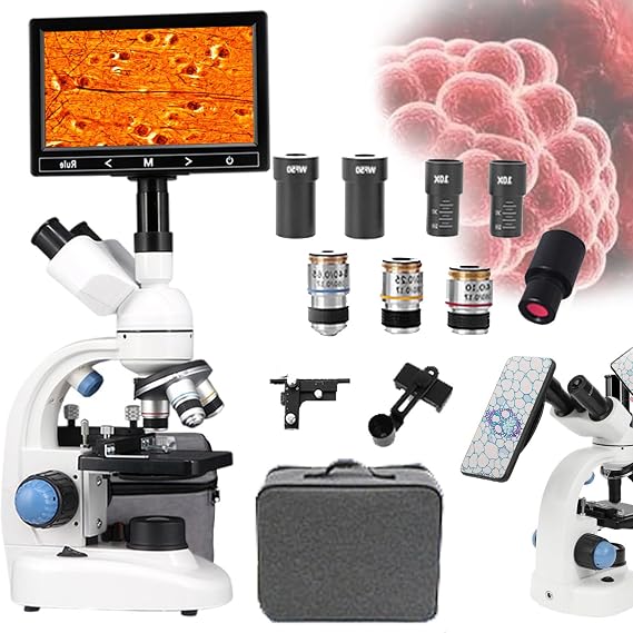 Compound Trinocular Microscope,30000x/50000x/70000x Magnification Microscope- 7" Display Screen +E-Eyepiece/Storage Bag,For Student Educatio,Laboratory,50000x