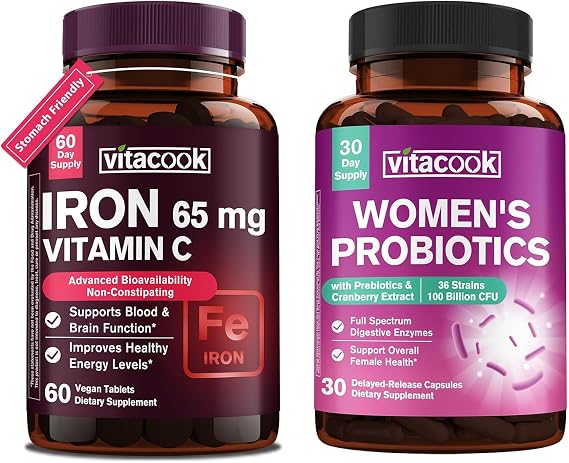 Iron Supplement for Women Men, High Potency Iron 65mg with Vitamin C 250mg + Women's Probiotics, 100 Billion CFU 36 Strains, with Prebiotics & Digestive Enzymes